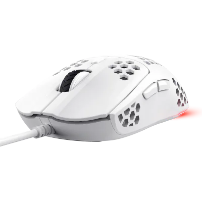 Mouse cu fir Trust GXT 928W Helox, rezolutie maxima 6400 DPI, 6 butoane, interfata USB-A, alb