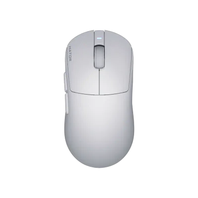 Mouse wireless Hator Quasar 3S ULTIMA 8K, senzor PixArt PAW3950, switch HATOR® Optical 100M, conectivitate 2.4GHz, bluetooth si USB, polling rate pana la 8000Hz, rezolutie maxima 30000 DPI, capacitate baterie 300 mAh, durata de viata baterie in modul