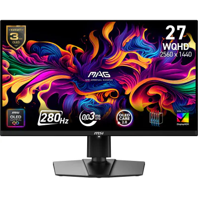 MSI MAG 271QP QD-OLED X28. Display diagonal: 67.3 cm (26.5"), Display resolution: 2560 x 1440 pixels, HD type: Wide Quad HD, Display  technology: QD-OLED, Display surface: Matt, Response time: 0.03 ms, Native aspect ratio: 16:9, Viewing angle, horizo