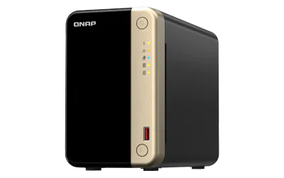 NAS QNAP 264 2-Bay, CPU Intel Celeron N5105/N5095 4-core/4-thread Processor, RAM 8 GB DDR4 (onboard, not expandable), HDD 2 x 2.5"/3.5" SATA 6Gbps + 2 x M.2 2280 PCIe Gen 3 x1 SSD slots (neincluse), LAN: 2 x 2.5GbE (optional 10GbE expansion via a PCI