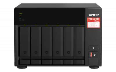 NAS QNAP 673A 6-Bay, CPU AMD Ryzen V1000 series V1500B 4C/8T 2.2 GHz, RAM 8GB (1x 8GB) DDR4 (2 x SODIMM slots, max. 64GB total, optional ECC RAM support), 2.5/3.5 SATA 6Gbps HDD (neincluse), LAN: 2 x 2.5GbE, optional 10GbE expansion via a PCIe card, 