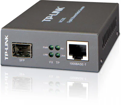 "Omada 10/100/1000 Mbps RJ45 to 1000 Mbps SFP Slot Supporting MiniGBIC Modules PORT: 1× Gigabit SFP Slot, 1× Gigabit RJ45 Port (Auto MDI/MDIX) SPEC: Chassis TL-MC1400 Rack-mountable"