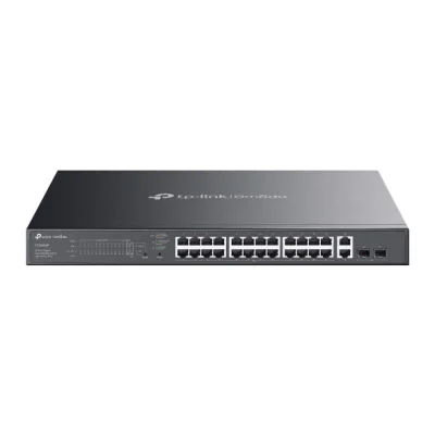 Omada 28-Port Gigabit Easy Managed Switch with 24-Port PoE+ PORT: 24× Gigabit PoE+ Ports, 2x Gigabit Non-PoE Ports, 2× Gigabit SFP Ports SPEC: 802.3at/af, 384W PoE Power, 1U 19-inch Rack-mountable Steel Case FEATURE: Integration with Omada SDN Contro