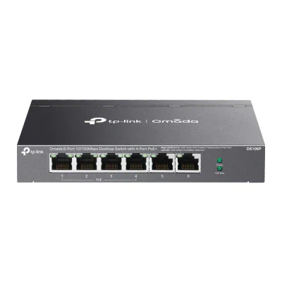 Omada 6-Port 10/100 Mbps Desktop Switch with 4-Port PoE+ PORT: 4× 10/100 Mbps PoE+ Ports, 2× 10/100 Mbps Non-PoE Ports SPEC: 802.3at/af, 67 W PoE Power, Desktop Steel Case FEATURE: Extend Mode for 250m PoE Transmitting, Priority Mode for Port1-2, Plu