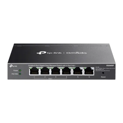 Omada 6-Port Gigabit Easy Managed Switch with 4-Port PoE+ PORT: 4× Gigabit PoE+ Ports, 2x Gigabit Non-PoE Ports SPEC: 802.3at/af, 65W PoE Power, Desktop Steel Case and Fanless FEATURE: Integration with Omada SDN Controller and Omada Cloud Essentials,
