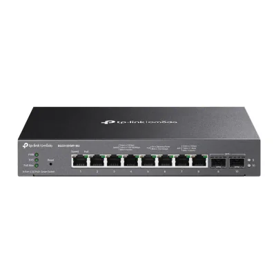 Omada 8-Port 2.5GBASE-T and 2-Port 10GE SFP+ Smart Switch with 8-Port PoE+ PORT: 8× 2.5G PoE+ Ports, 2× 10G SFP+ Slots SPEC: 802.3at/af, 160 W PoE Power, Desktop & Fanless Steel Case FEATURE: Integration with Omada SDN Controller, Static Routing, 802