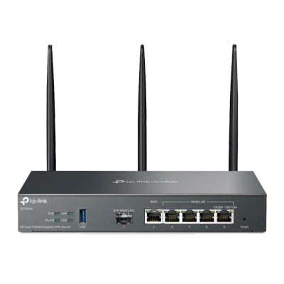 "Omada AX3000 Wi-Fi 6 Gigabit VPN Router PORT: 1× Gigabit SFP WAN/LAN Port, 1× Gigabit RJ45 WAN Port, 4× Gigabit WAN/LAN RJ45 Ports, 1× USB 3.0 SPEED: 574Mbps at 2.4 GHz + 2402 Mbps at 5 GHz (HE160) FEATURE: Integration with Omada SDN Controller, Sup