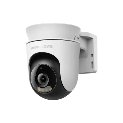 Outdoor Pan/Tilt Security Wi-Fi Camera SPEC: 2K resolution (2304*1296), Pan and Tilt (360° Horizontal), Built- in microphone and speaker, Color Night Vision, 2.4GHz Wi-Fi FEATURE: MERCUSYS APP, Pan/Tilt, Smart Detection and Notification (Motion & Per