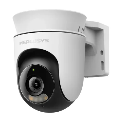 Outdoor Pan/Tilt Security Wi-Fi Camera SPEC: 2K resolution (2304*1296), Pan and Tilt (360° Horizontal), Built- in microphone and speaker, Color Night Vision, 2.4GHz Wi-Fi FEATURE: MERCUSYS APP, Pan/Tilt, Smart Detection and Notification (Motion & Per