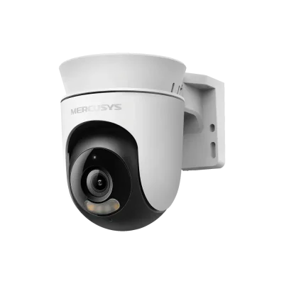 Outdoor Pan/Tilt Security Wi-Fi Camera SPEC:  High-Definition Video (1080P), Pan and Tilt (360° Horizontal), Built-in microphone and speaker, 850nm IR LED and Color Night Vision, 2.4GHz Wi-Fi FEATURE: MERCUSYS APP, Pan/Tilt, Smart Detection and Notif