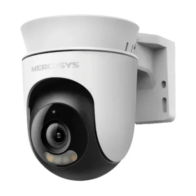 Outdoor Pan/Tilt Security Wi-Fi Camera SPEC:  High-Definition Video (1080P), Pan and Tilt (360° Horizontal), Built-in microphone and speaker, 850nm IR LED and Color Night Vision, 2.4GHz Wi-Fi FEATURE: MERCUSYS APP, Pan/Tilt, Smart Detection and Notif