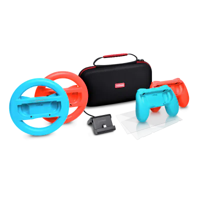 Pachet accesorii Trust pentru conosola Nintendo Switch, pachetul contine: husa de transport, 2 x prinderi Joy-Con, 2 x volan, sticla securizata pentru Switch, sticla securizata pentru Switch OLED, stand de incarcare, cablu USB-C-A, manual de utilizat