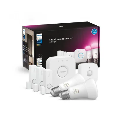 Pachet Philips Hue Secure 3 Senzori de contact + 1 Senzor de miscare + 2Becuri LED RGB inteligente, E27, 9W, 1100 lm, lumina albasi color(2000-6500K) + Consola Hue Bridge