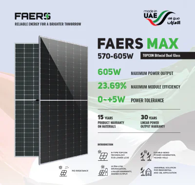 Panou Fotovoltaic Monocristalin FAERS MAX TOPCon, Bifacial Dual Glass, 570W, 22.37% Module Efficiency, Silver Frame, 1960x1303x35mm, IP68, 108 celule 2x[9X6]