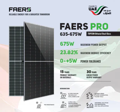 Panou Fotovoltaic Monocristalin FAERS PRO TOPCon, Bifacial Dual Glass, 635W, 22.54% Module Efficiency, Silver Frame, 2165x1303x35mm, IP68, 120 celule 2x[10X6]