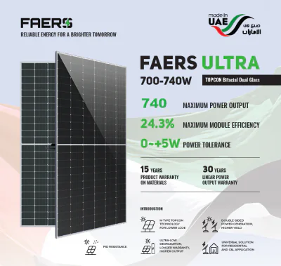 Panou Fotovoltaic Monocristalin FAERS ULTRA TOPCon, Bifacial Dual Glass, 700W, 22.55% Module Efficiency, Silver Frame, 2384x1303x35mm, IP68, 132 celule 2x[11X6]