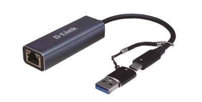 D-Link USB-C/USB to 2.5G Ethernet Adapter, Wired, USB Type-A/USB Type-C, Ethernet, 2500 Mbit/s, Black