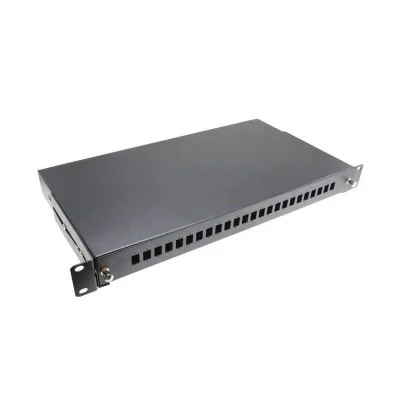 PATCH PANEL Emtex Patch panel FO cu sina glisanta 48 porturi LC quad / SC duplex, 2U, caseta sudura 24, tub termo, accesorii prindere, neechipat, negru - Emtex "PS48SCD-RF-OPT"