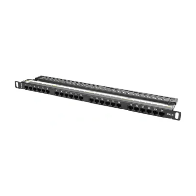 Patch Panel Lanberg 24 porturi, 0,5U, 19", Cat.6 UTP, cu organizator de cabluri, negru