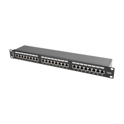 Patch Panel Lanberg 24 porturi 1U 19" Cat.6 FTP, ecranat, cu organizator de cabluri, negru