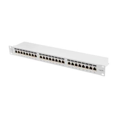Patch panel Lanberg 24 porturi, 1U, 19", Cat.6A FTP, ecranat, cu organizator cabluri, gri