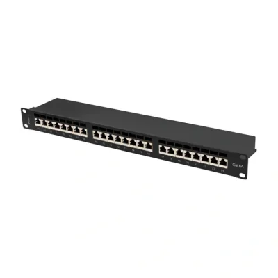 Patch Panel Lanberg 24 porturi 1U 19" Cat.6A FTP, ecranat, cu organizator de cabluri, negru