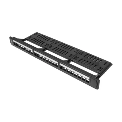 Patch Panel Lanberg gol 24 porturi 1U cu organizator pentru module Keystone, negru