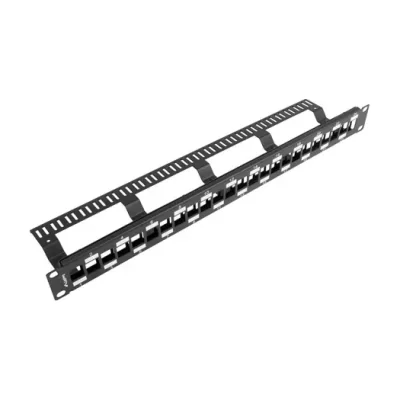 Patch Panel Lanberg gol 24 porturi 1U eșalonat, cu organizator pentru module Keystone, negru