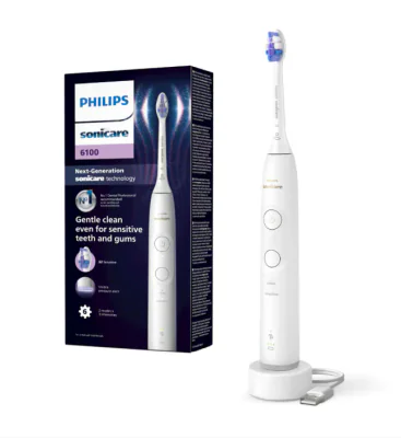 Periuta de dinti electrica Philips Sonicare HX7400/01, 62.000 miscari/minut, autonomie 21 zile, 2 moduri de periere, 3 intensitati, senzor presiune luminos, functia BrushSync, capat de periere Sensitive, alb