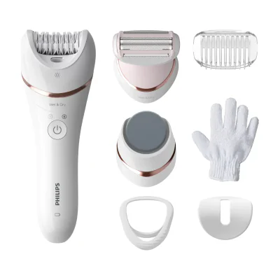 Philips 8000 series Epilator Series 8000 BRE730/10 Wet and Dry epilator, Pink, White, 32 tweezers, Epilation, Shaving, Smoothing pedicure roller, 70400 RPM, 32 discs, Battery