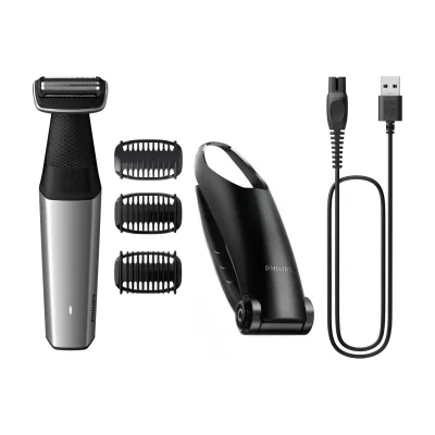 Philips BODYGROOM Series 5000 BG5021/15 Showerproof groin and body trimmer, Wet & Dry, Oil-free maintenance, Battery, Black, Silver