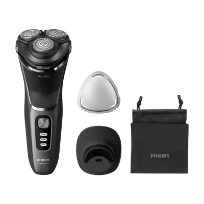 Philips Shaver 3000 Series S3343/13 Wet & Dry Electric Shaver, Rotation shaver, Black, Chrome, PowerCut blade system, For best results, replace shaving heads every 24 months. Use SH30 replacement heads, sold..., 2 year(s), Battery