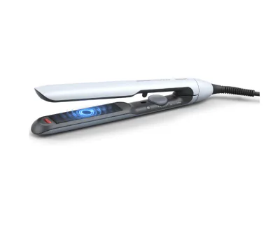 Placa de indreptat parul PHILIPS Prestige BHS520/00, Tehnologie ThermoShield, Placi infuzate cu ulei de argan, 230°C, Ingrijire ioni, 12 setari temperatura, Husa termorezistenta, Albastru deschis, L x A x I (mm) 120x370x95