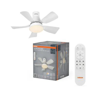 Plafoniera LED CCT cu ventilator Osram Leste cu Telecomanda, 21W, 1800lm, lumina alba (3000-4000-6500K), dimabila, IP20, max 600 m³/h, timer 2h-4h-8h Alb