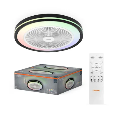 Plafoniera LED CCT cu ventilator Osram Murlan cu Telecomanda, 43W, 2150lm, lumina alba si color (3000-6500K), dimabila, IP20, max 1169 m³/h, timer 1h-4h-8h, Negru/Alb