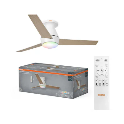 Plafoniera LED CCT cu ventilator Osram Nordes cu Telecomanda, 38W, 1900lm, lumina alba si color (3000-6500K), dimabila, IP20, max 5580 m³/h, timer 1h-4h-8h Lemn
