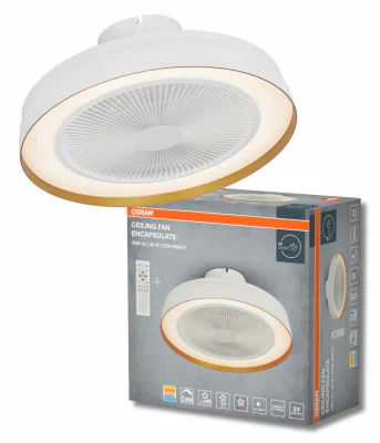Plafoniera LED cu ventilator Osram Encapsulate cu Telecomanda, 49W, 3000lm, lumina alba (2700-6500K), dimabila, IP20, max 1900 m³/h,  timer 2h-4h, Alb/Auriu