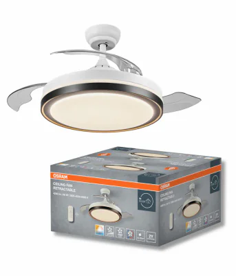 Plafoniera LED cu ventilator Osram Retractable cu Telecomanda, 66W, 4200lm, lumina alba (3000-4000-6500K), IP20, max 6460 m³/h, timer 2h-4h-8h, Alb/Negru