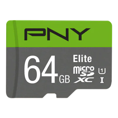 PNY Elite. Capacity: 64 GB, Flash card type: MicroSDXC, Flash memory class: Class 10, Internal memory type: UHS-I, Read speed: 100 MB/s, UHS Speed Class: Class 1 (U1). Product colour: Green, Grey