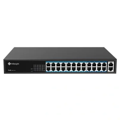 POE Switch Milesight 24 Porturi POE MS-S0224-GL, Porturi: 24X10/100MbpsPoEports(RJ45)+2X1000Mbps uplink ports, Alimentare: Built- in switching power supply AC 100~240 V, 50-60 Hz, 5A; Standard POE: IEEE802.3af/at; Buget POE: max. 400W, max 30W per po