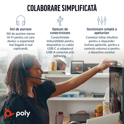 Căști Office HP Poly Blackwire 3220 Stereo USB-C +USB-C/A Adapter, microfon Boom, control in-line, SoundGuard DIGITAL, Black