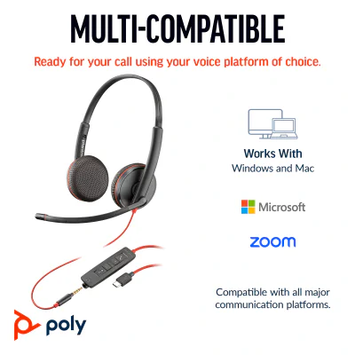 Căști Office HP Poly Blackwire 3225 Stereo USB-C, microfon boom, conector USB-C și mufă 3,5 mm, adaptor USB-C/A inclus, Black
