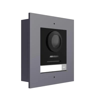 Post exterior modular videointerfon IP Hikvision DS-KD8003-IME1(B)/FL, montaj ingropat, 1 buton, 2000 de utilizatori, autentificare prin card, IP65, alimentare: 12 VDC, 500 mA, IEEE 802.3af, PoE, dimensiuni: 99.76 mm × 98 mm × 42.04 mm, greutate: 0.3