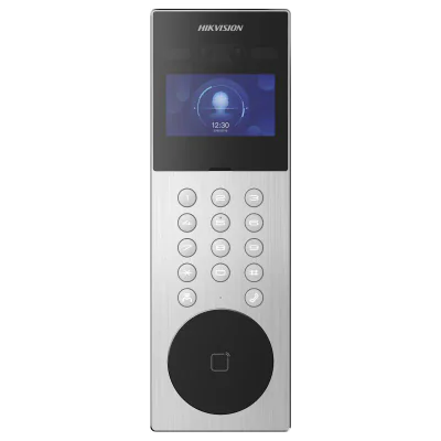 Post exterior videointerfon IP Hikvision DS-KD9203-ME6, recunoastere faciala, pin, card, 10000 de utilizatori, ecran LCD 800 × 480px, IP65, instalare aparenta, alimentare: 12 VDC, 1.5 A, dimensiuni: 373 mm × 124 mm × 43.7 mm, greutate: 0.405kg, tempe