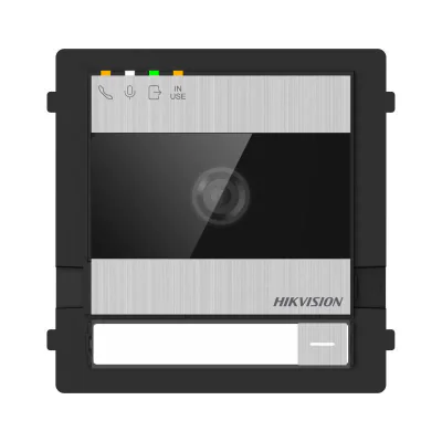 Post exterior videointerfon modular 2 fire Hikvision DS-KD7003EY-IME2, fara carcasa, camera 2MP, 1 buton, microfon si difuzor incorporate, 2000 de utilizatori, RS-485, IK08 & IP65, alimentare: 48V (din distributor DS-KAD7060EY) sau 12VDC, dimensiuni:
