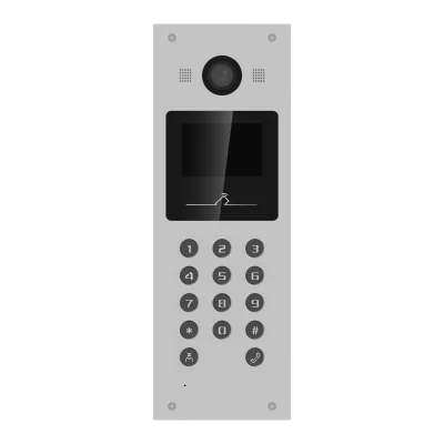 Post videointerfon de exterior pentru blocuri Hikvision DS-KD3003-E6, monitor LCD color  3.5-inch, rezolutie 480 × 320, camera video 2MP HD, unghi vizualizare: 120° wide, deschidere cu card si cod pin, capacitate utilizatori: 10000, capacitate conect