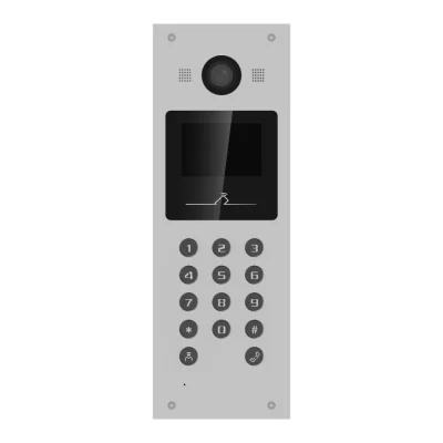 Post videointerfon de exterior pentru blocuri Hikvision DS-KD3003-E6, monitor LCD color  3.5-inch, rezolutie 480 × 320, camera video 2MP HD, unghi vizualizare: 120° wide, deschidere cu card si cod pin, capacitate utilizatori: 10000, capacitate conect
