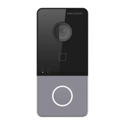 Post videointerfon de exterior WIFI Hikvision DS-KV6113-WPE1(C), montaj aparent pentru o familie, camera HD 2MP, True WDR, unghi vizualizare: Horizontal:  129° Vertical: 75°, iluminare IR 3 metri, cititor de card incorporat Mifare 13.56 MHz, comunica