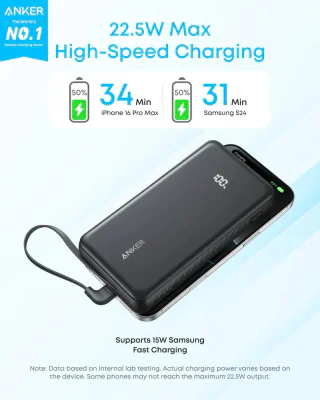 POWER BANK Anker 20.000 mAh, 22.5W Fast charge, 1 x USB-C, 1 x USB-A, afisaj electronic, cablu USB-C inclus, 392g, negru, "A110EH11" - 194644291471