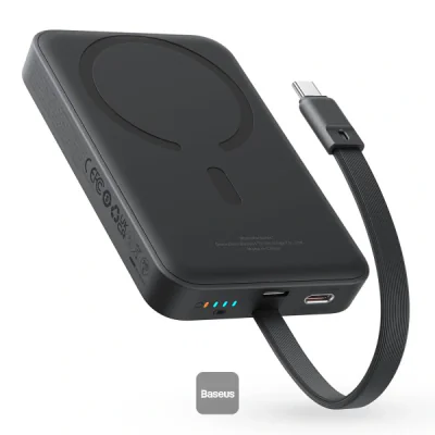 POWER BANK Baseus Magnetic Mini Wireless, 10000mAh, 30W, 2 x USB Type-C output/input, 15W wireless charging, cablu integrat USB Type-C, negru, "P1002210B113-00" - 6932172642785